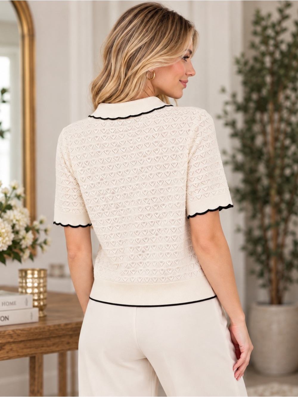Adrianna Papell Cream Short-Sleeve Knit Polo with Black Trim - Picture 2 of 7